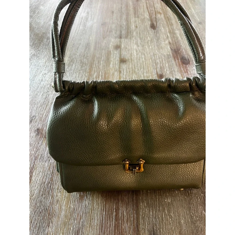 Vintage Pebbled Green Satchel Handbag Brass Turn Lock Top Handle Bag